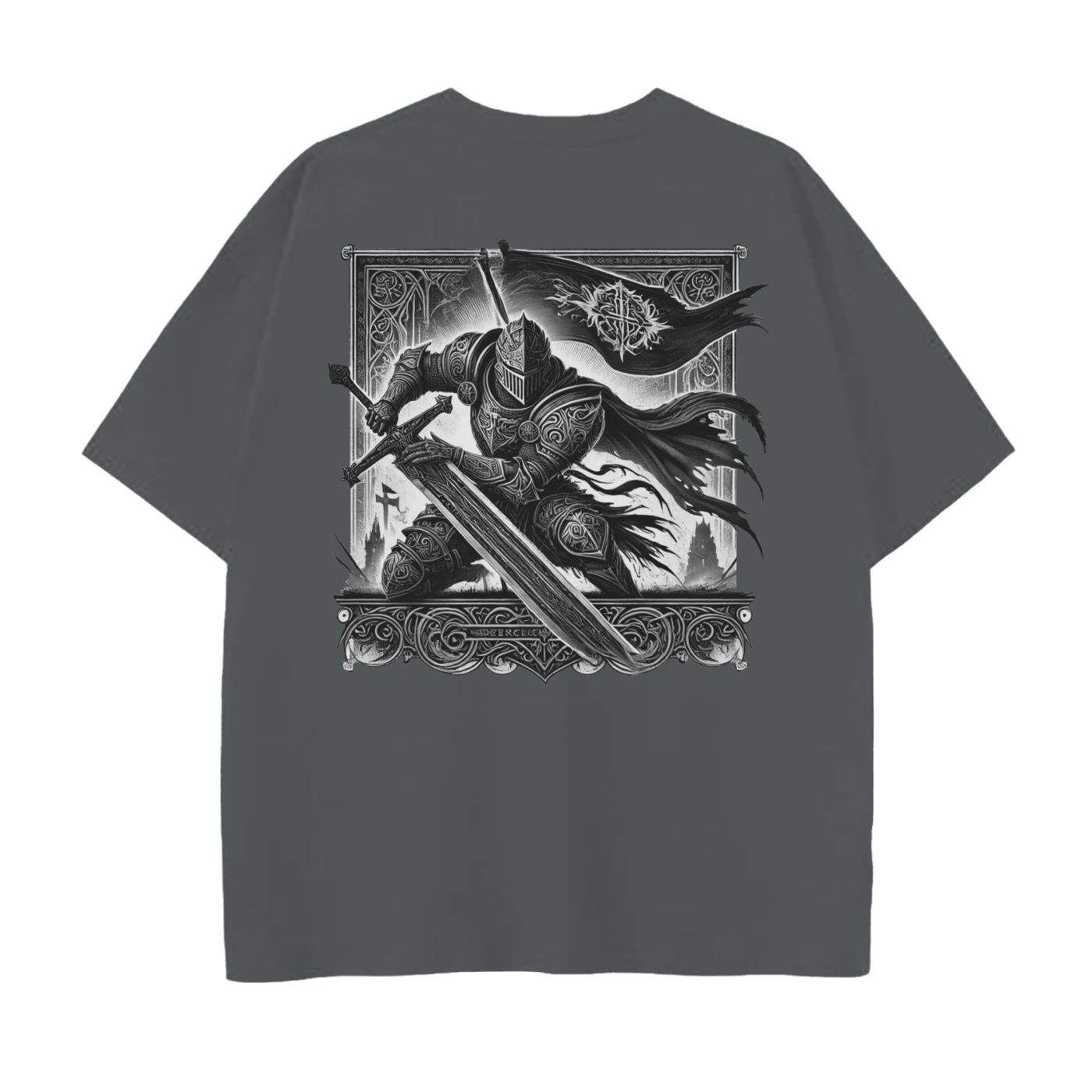 Gray t-shirt with black and white graphic design on the back featuring a warrior and sword.