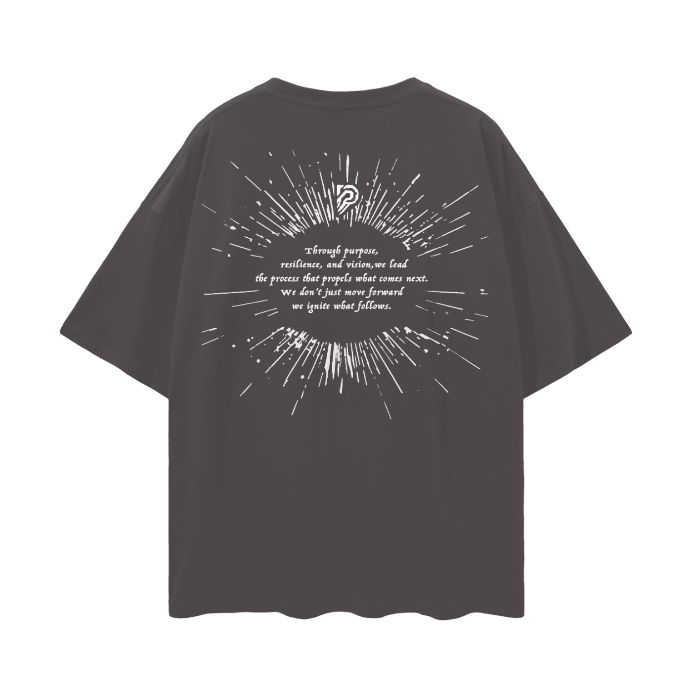 Black t-shirt with white text and design on the back, on a white background