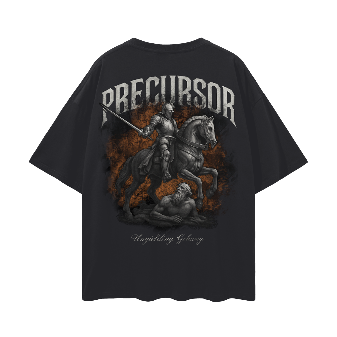 Black t-shirt with graphic design and 'Preursor' text on a white background