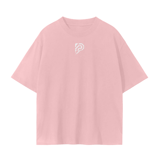 Pink t-shirt with a white logo on a white background