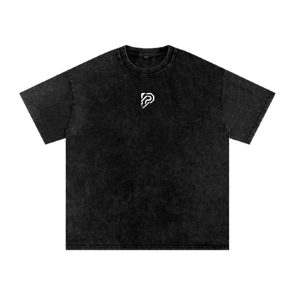 Black t-shirt with a white logo on a white background