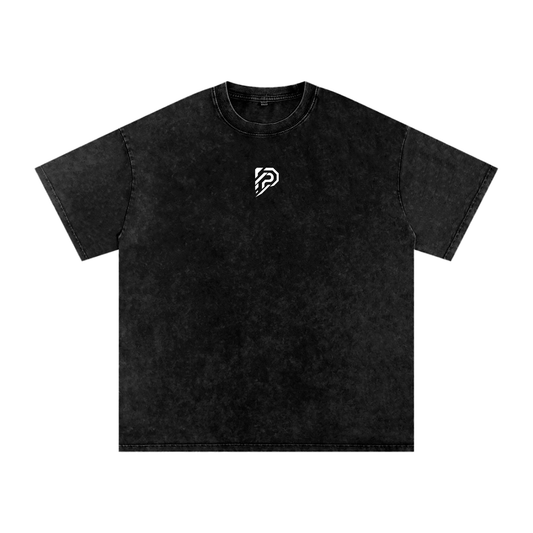 Black t-shirt with a white logo on a white background