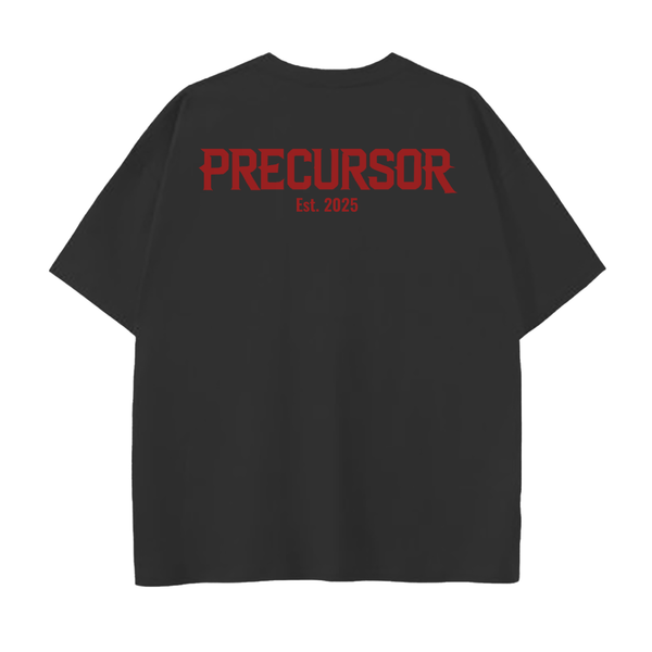 Black t-shirt with red 'PRECURSOR' text on the back against a white background