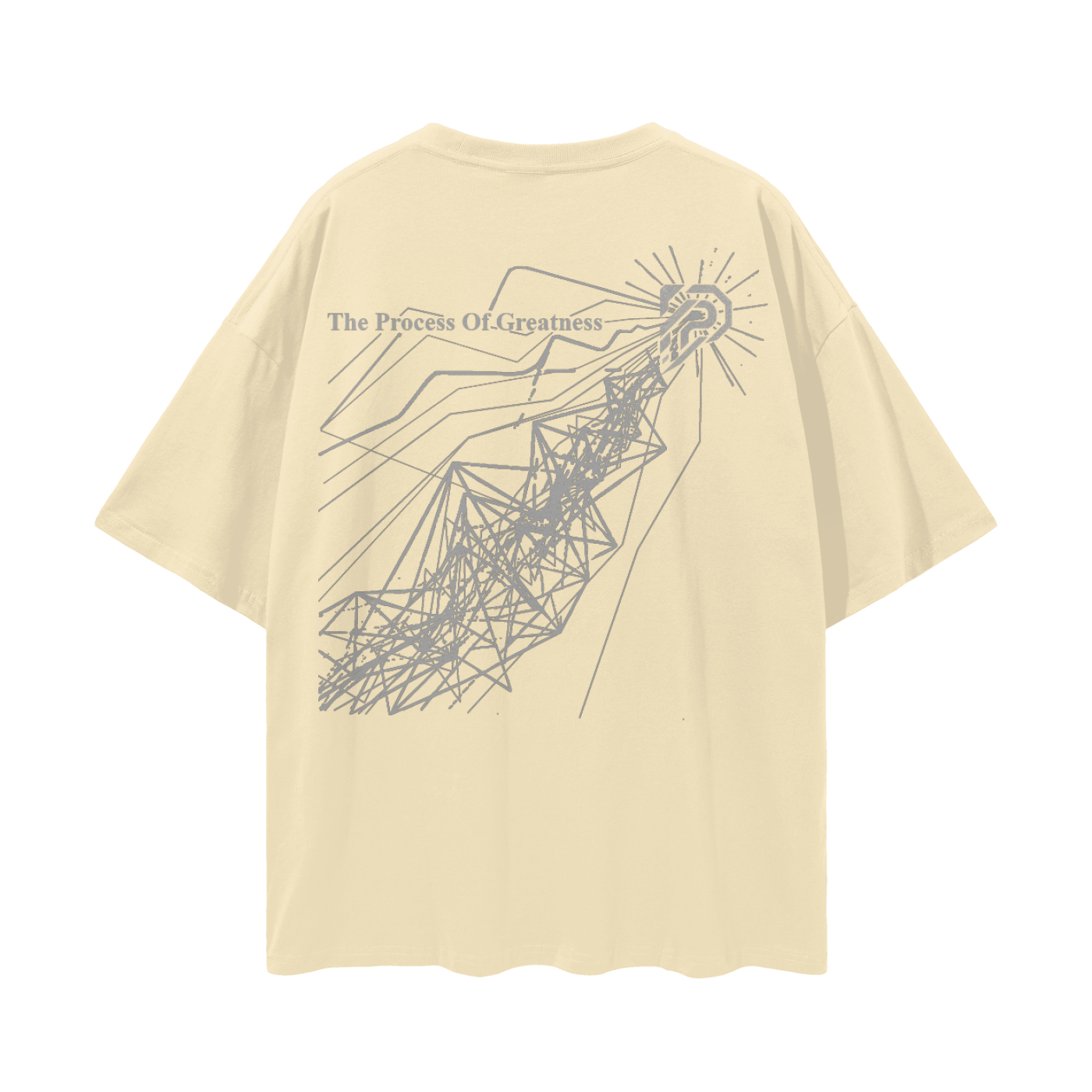 Beige t-shirt with abstract design and text on a white background
