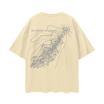 Beige t-shirt with abstract design and text on a white background