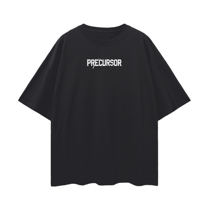 Black t-shirt with 'PRECURSOR' text on a white background