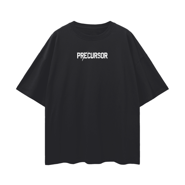 Black t-shirt with 'PRECURSOR' text on a white background