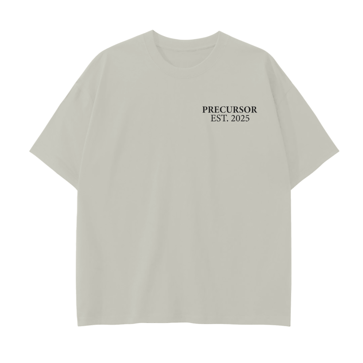 Beige t-shirt with 'PRECURSOR EST. 2025' text on a white background