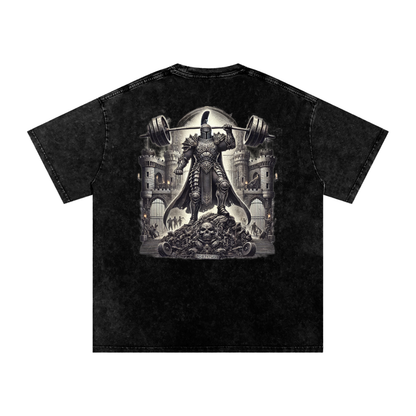 Black t-shirt with a graphic design of a warrior lifting weights on a white background