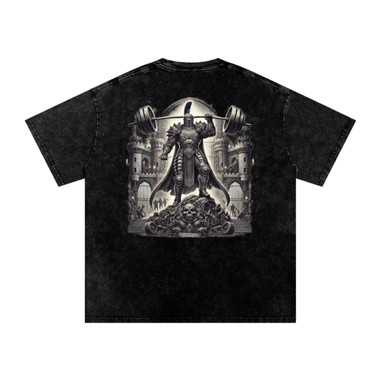 Black t-shirt with a graphic design of a warrior lifting weights on a white background