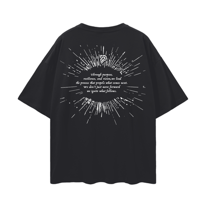 Black t-shirt with white text and design on the back, on a white background