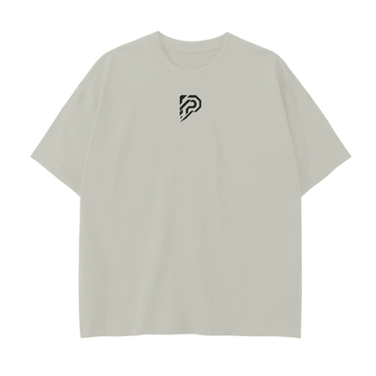Light gray t-shirt with a black logo on a white background