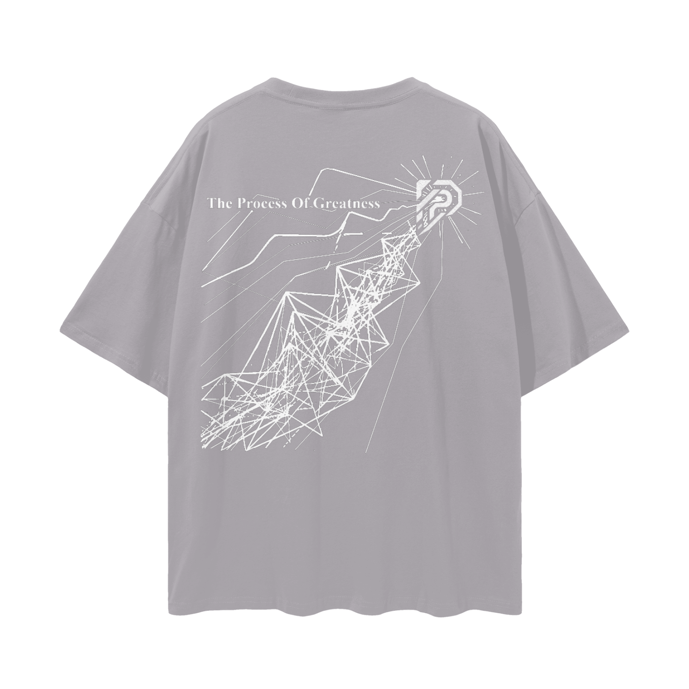 Gray t-shirt with white geometric design and text on a white background