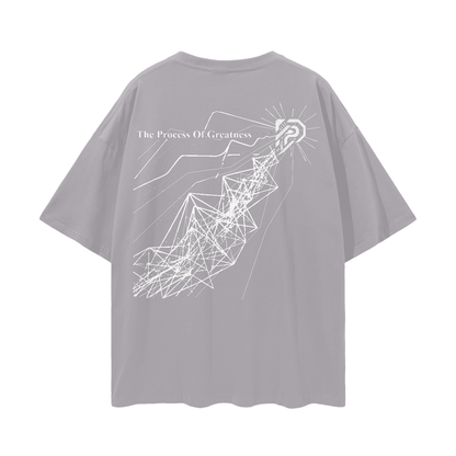 Gray t-shirt with white geometric design and text on a white background