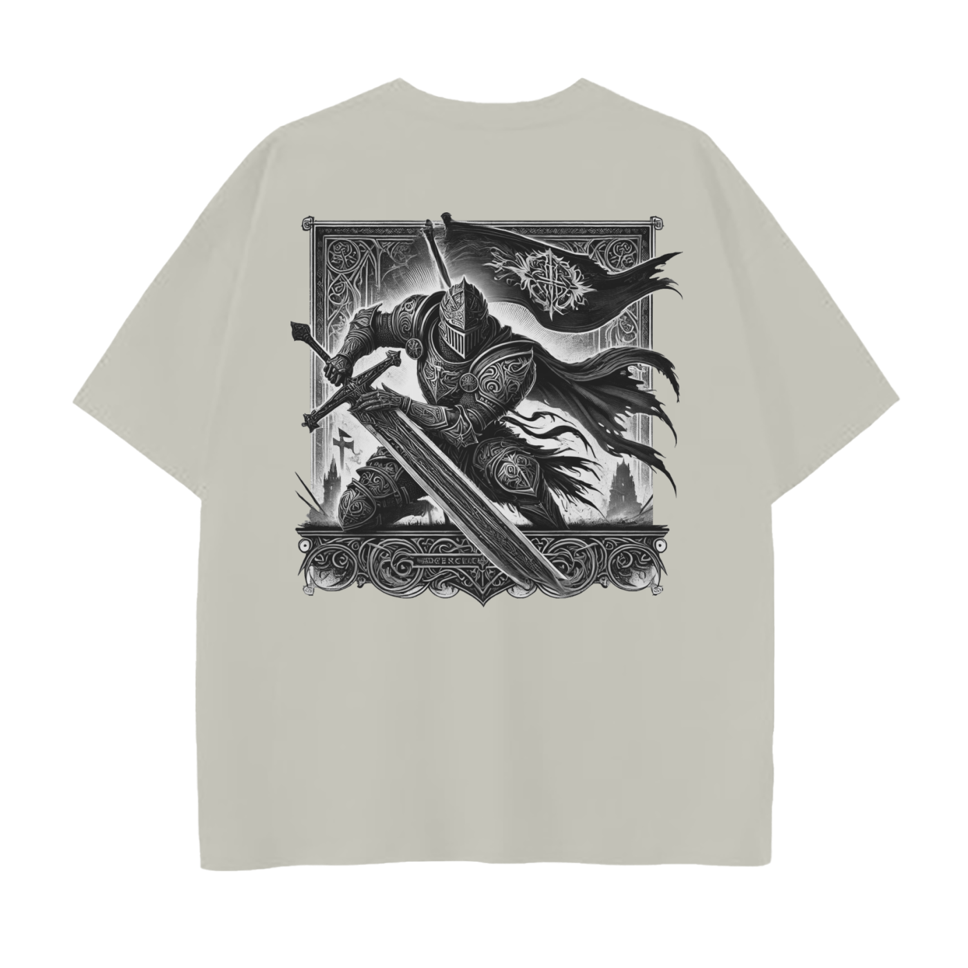 White t-shirt with black graphic design on a white background