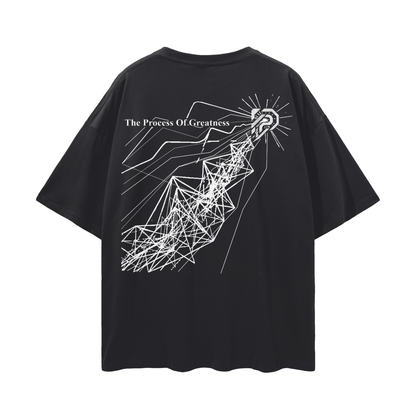 Black t-shirt with white geometric design and text on a white background