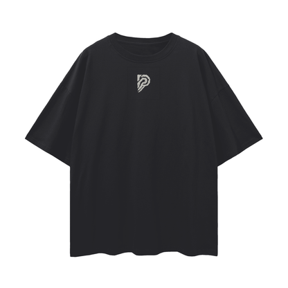Black t-shirt with a small logo on a white background