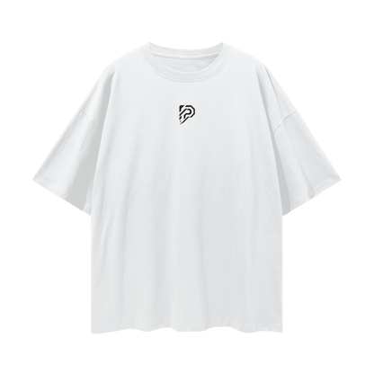 White t-shirt with a small black logo on a white background