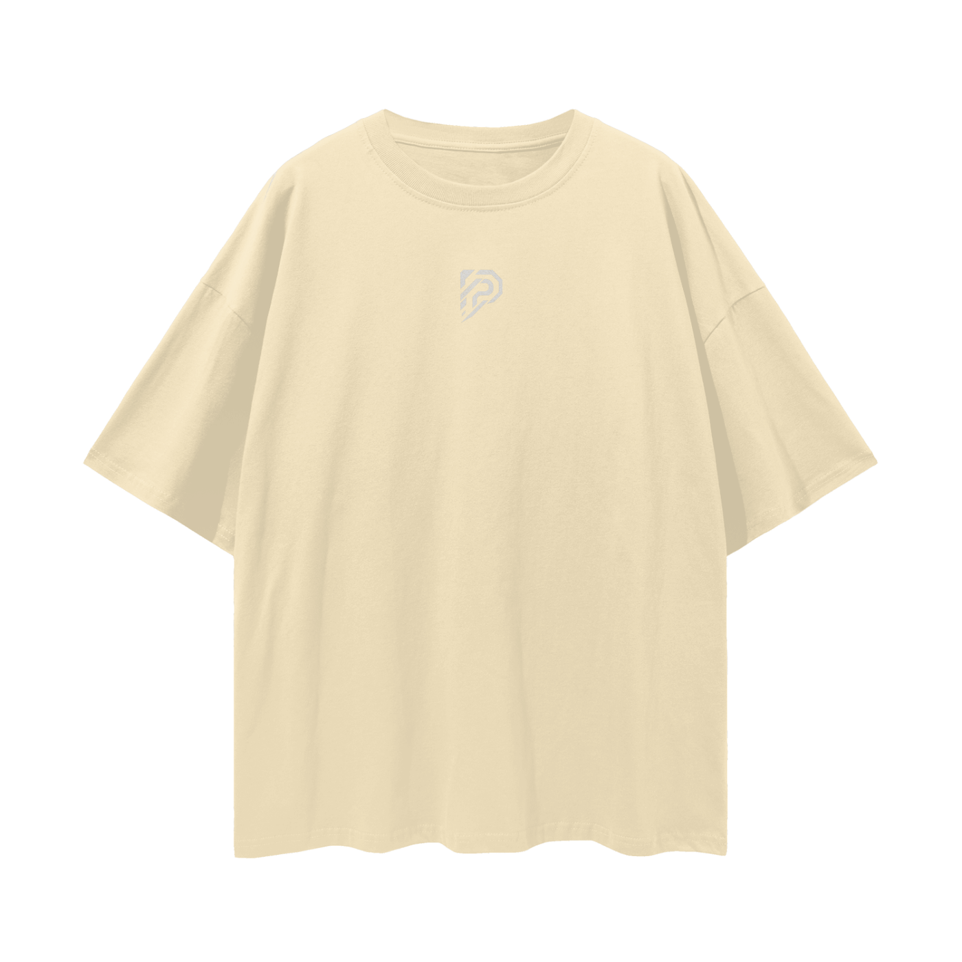Beige t-shirt with a small logo on a white background
