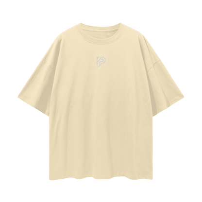 Beige t-shirt with a small logo on a white background