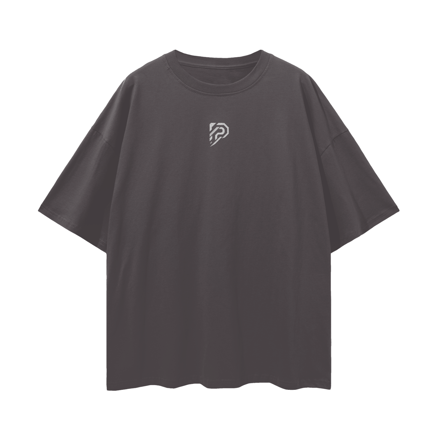 Gray t-shirt with a small logo on a white background