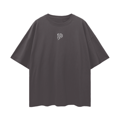 Gray t-shirt with a small logo on a white background