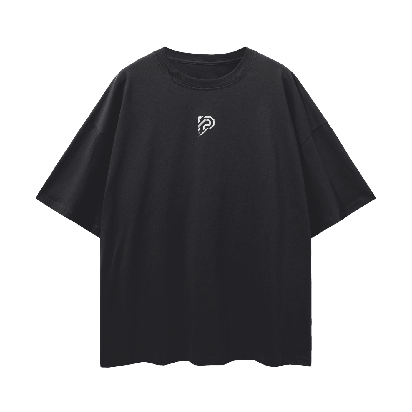 Black t-shirt with a small white logo on a white background