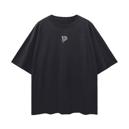 Black t-shirt with a small white logo on a white background