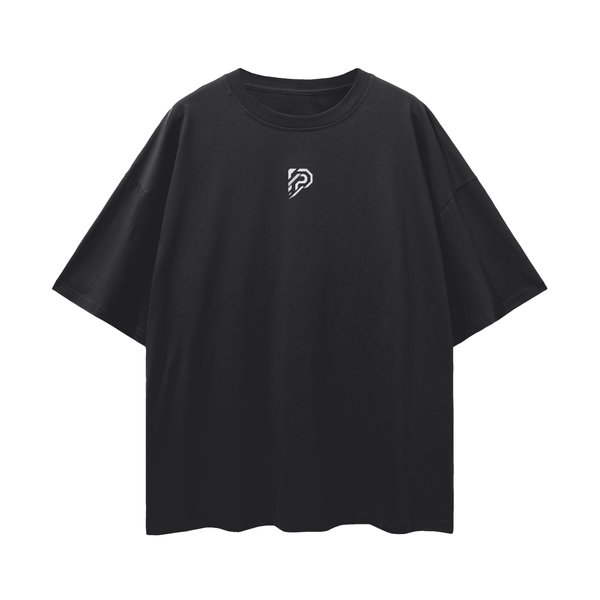Black t-shirt with a small white logo on a white background
