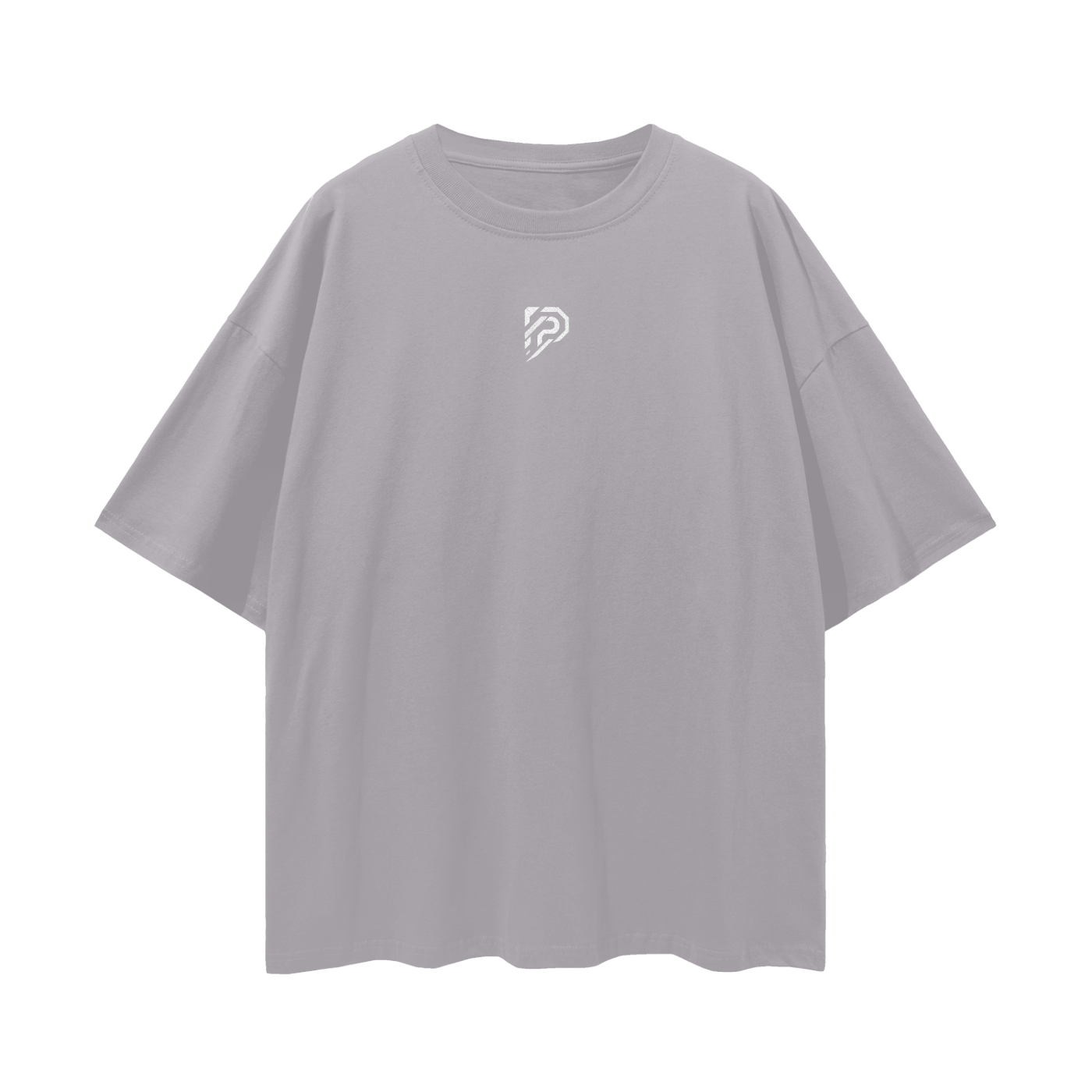 Gray t-shirt with a small logo on a white background