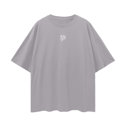 Gray t-shirt with a small logo on a white background