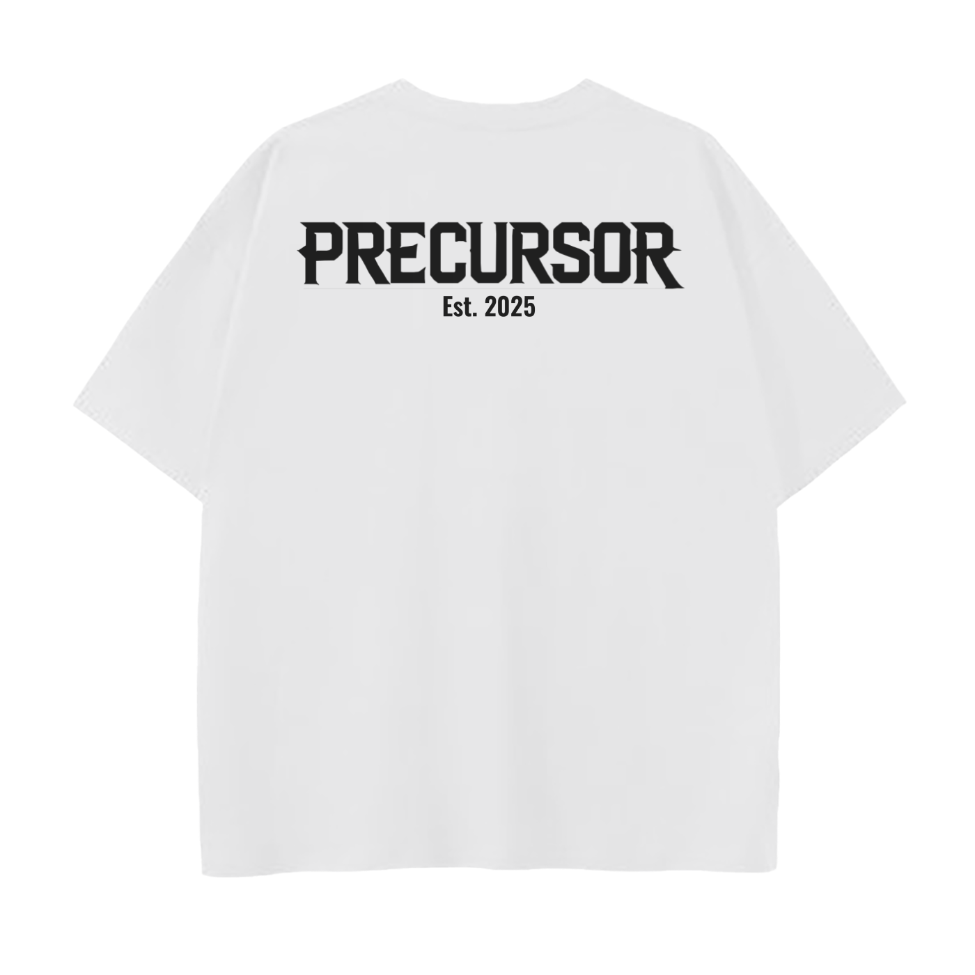 White t-shirt with 'PRECURSOR Est. 2025' text on a white background