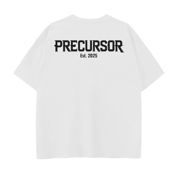 White t-shirt with 'PRECURSOR Est. 2025' text on a white background