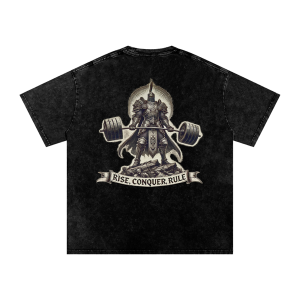 Black t-shirt with a graphic design of a warrior lifting weights and the text 'Rise. Conquer. Rule.' on a white background.