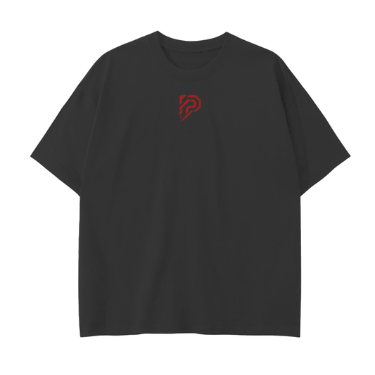 Black t-shirt with a red logo on a white background
