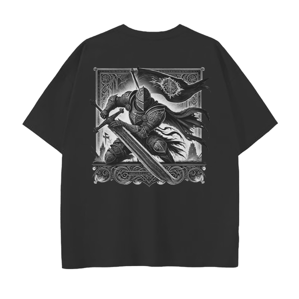 Black t-shirt with a detailed graphic design on the back featuring a knight with a sword.