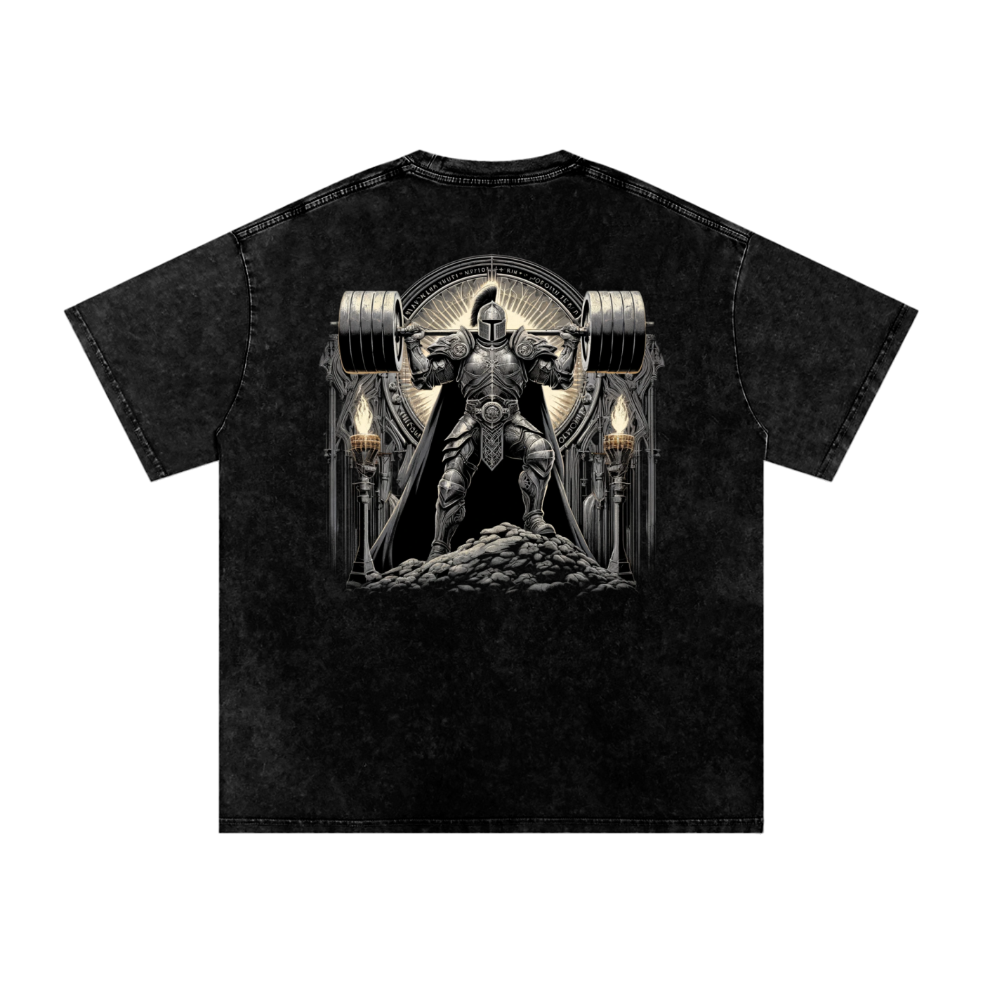 Black t-shirt with a graphic of a warrior lifting weights on a white background