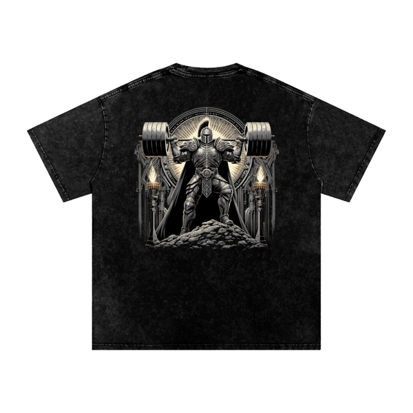 Black t-shirt with a graphic of a warrior lifting weights on a white background