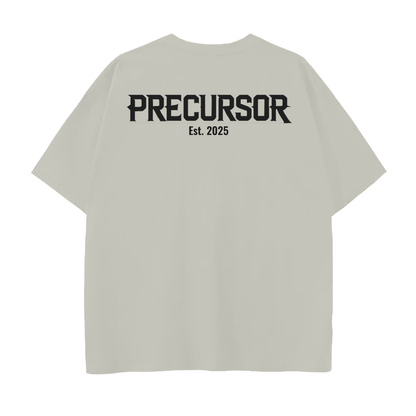 White t-shirt with 'PRECURSOR Est. 2025' text on the back against a white background